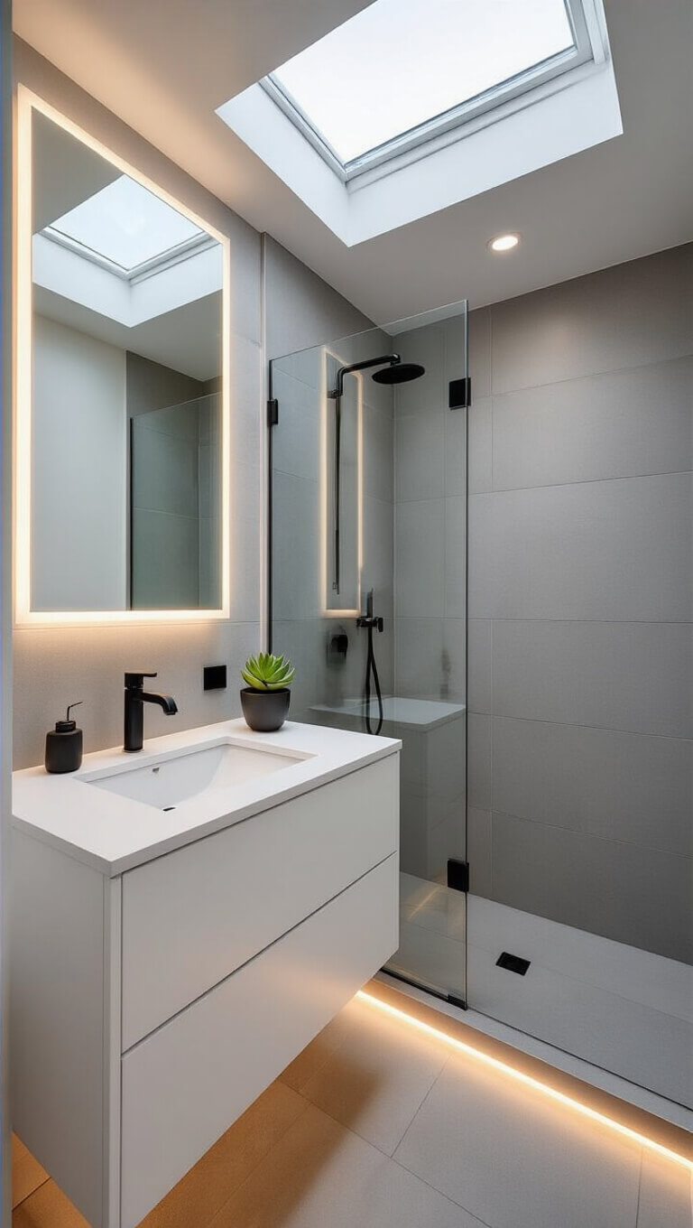 Modern 6x8 ft bathroom with skylight, floating white vanity, frameless mirror, gray tiled glass shower, and LED lighting.