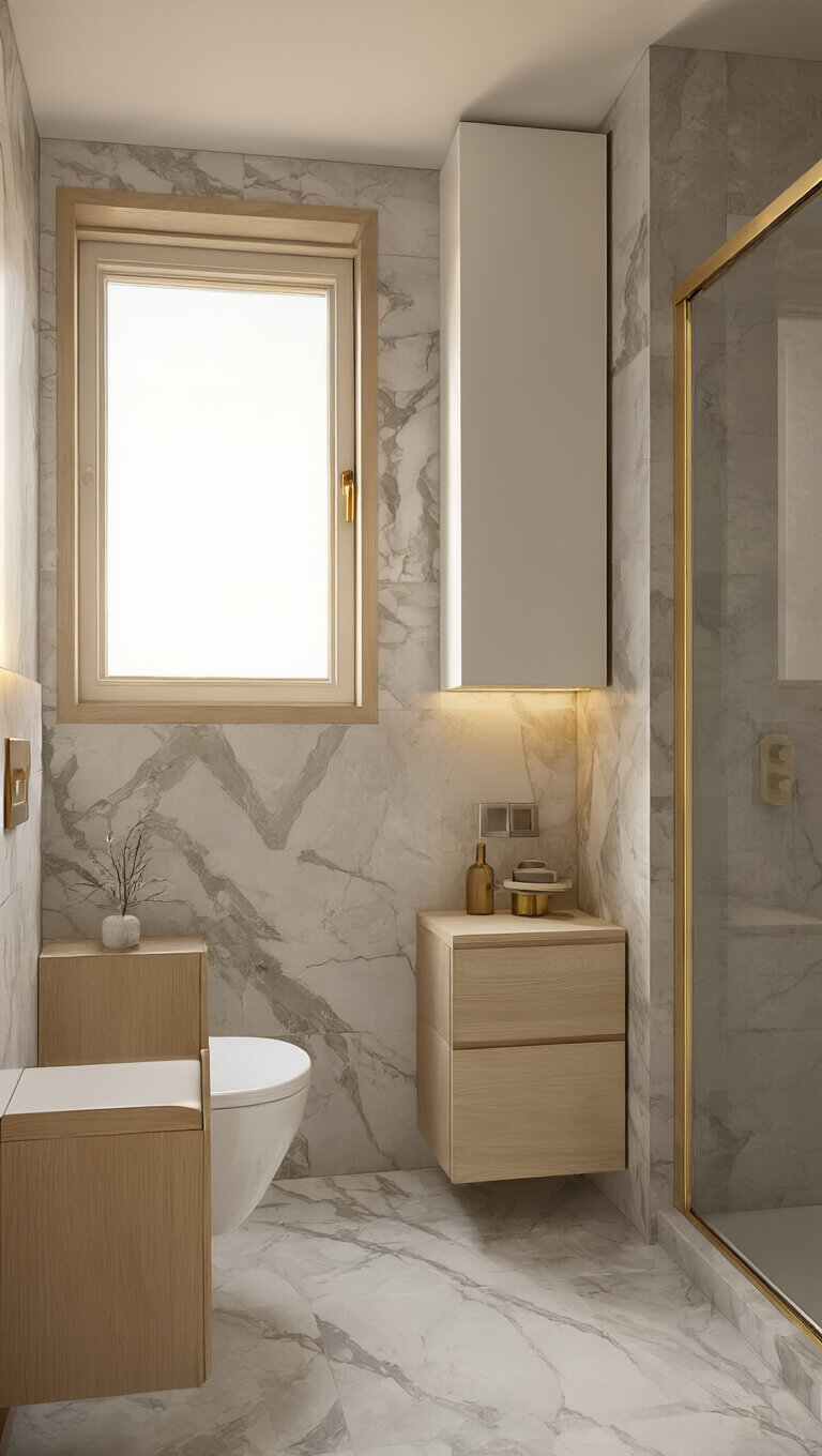 Ultra-narrow 4x10 ft bathroom with marble-look tiles, wall-mounted toilet, floating light wood vanity, slim vertical storage, and golden hour light enhancing brushed gold accents.