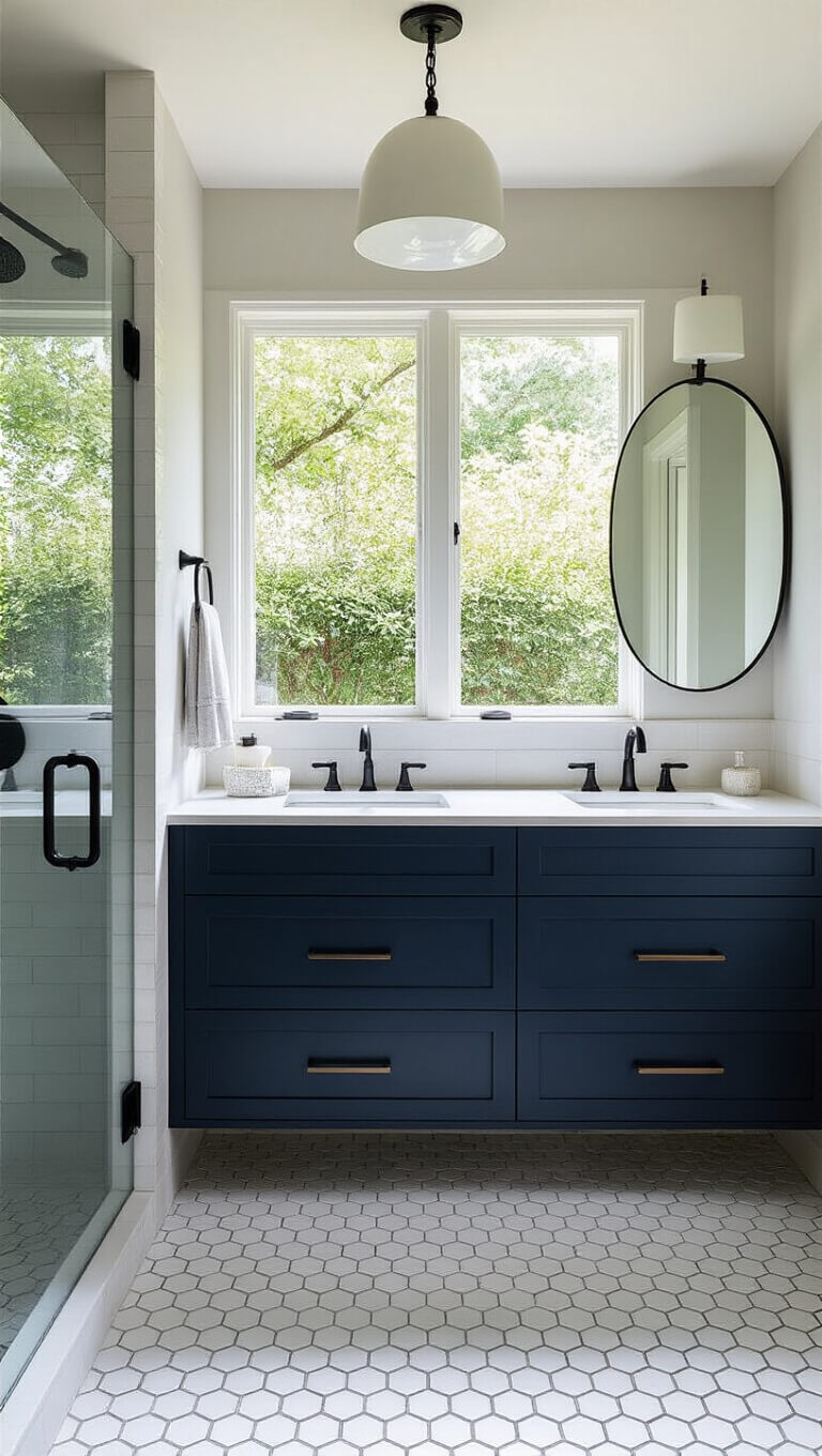 Modern 7x5 ft bathroom with navy floating double vanity, round backlit mirrors, smoked glass shower, hexagonal tile flooring, and large garden-facing window.