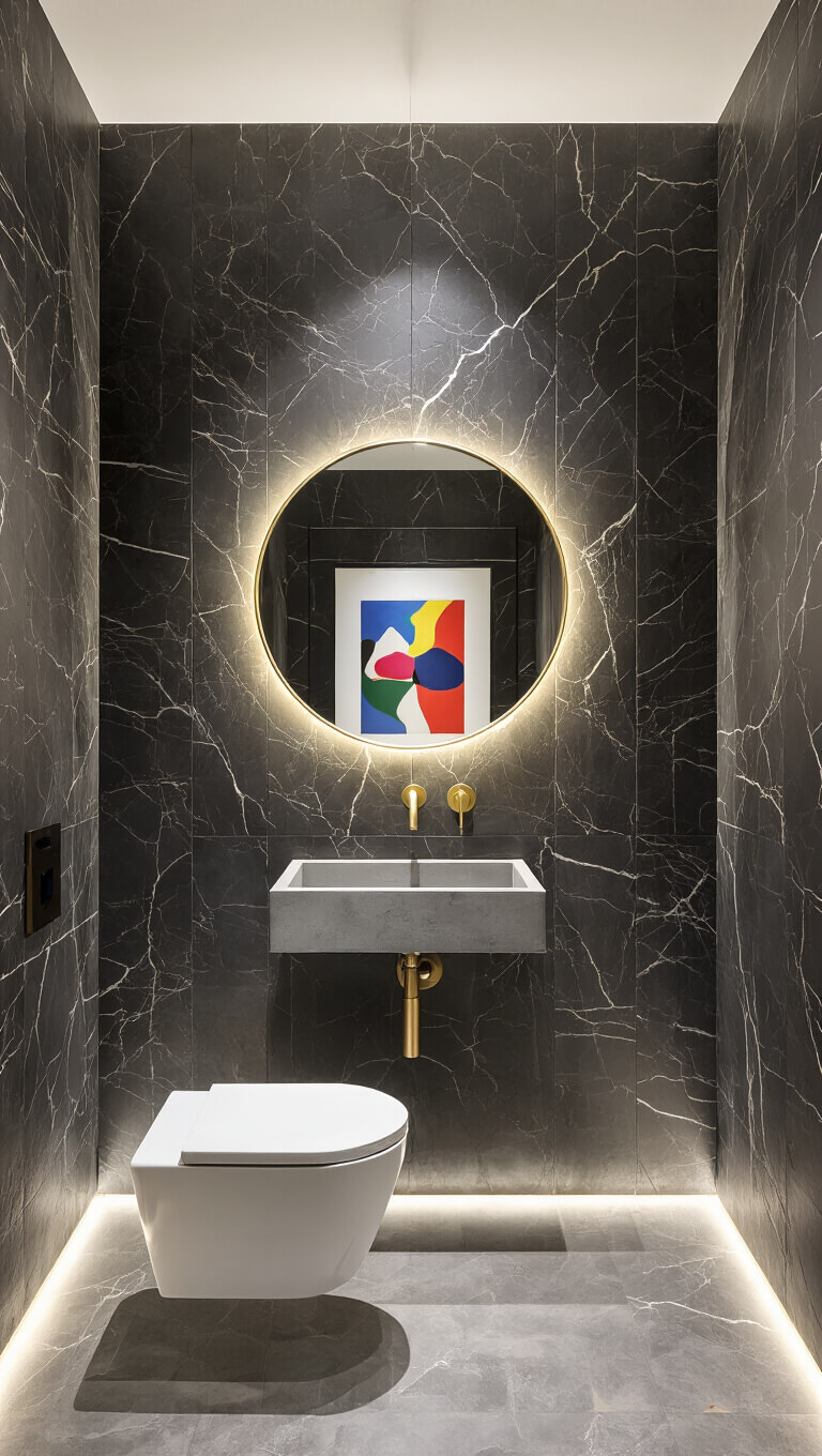 Luxurious 6x6 ft powder room with dramatic baseboard LED uplighting, black marble-effect tiles, brass accents, minimalist concrete sink, and vibrant artwork.