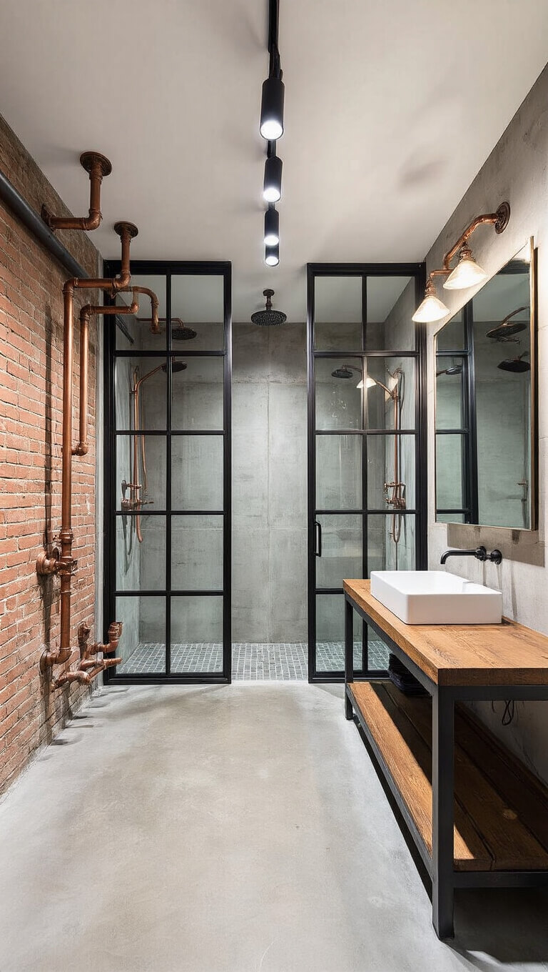 Industrial-style 5x8 ft bathroom with concrete floors, exposed brick walls, black-framed glass shower, steel and wood vanity, exposed copper pipes, and factory-style mirror.