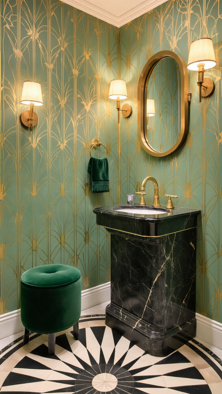 Art Deco-inspired powder room with emerald green and gold geometric wallpaper, black marble pedestal sink, brass accents, sunburst tile floor, and velvet stool.
