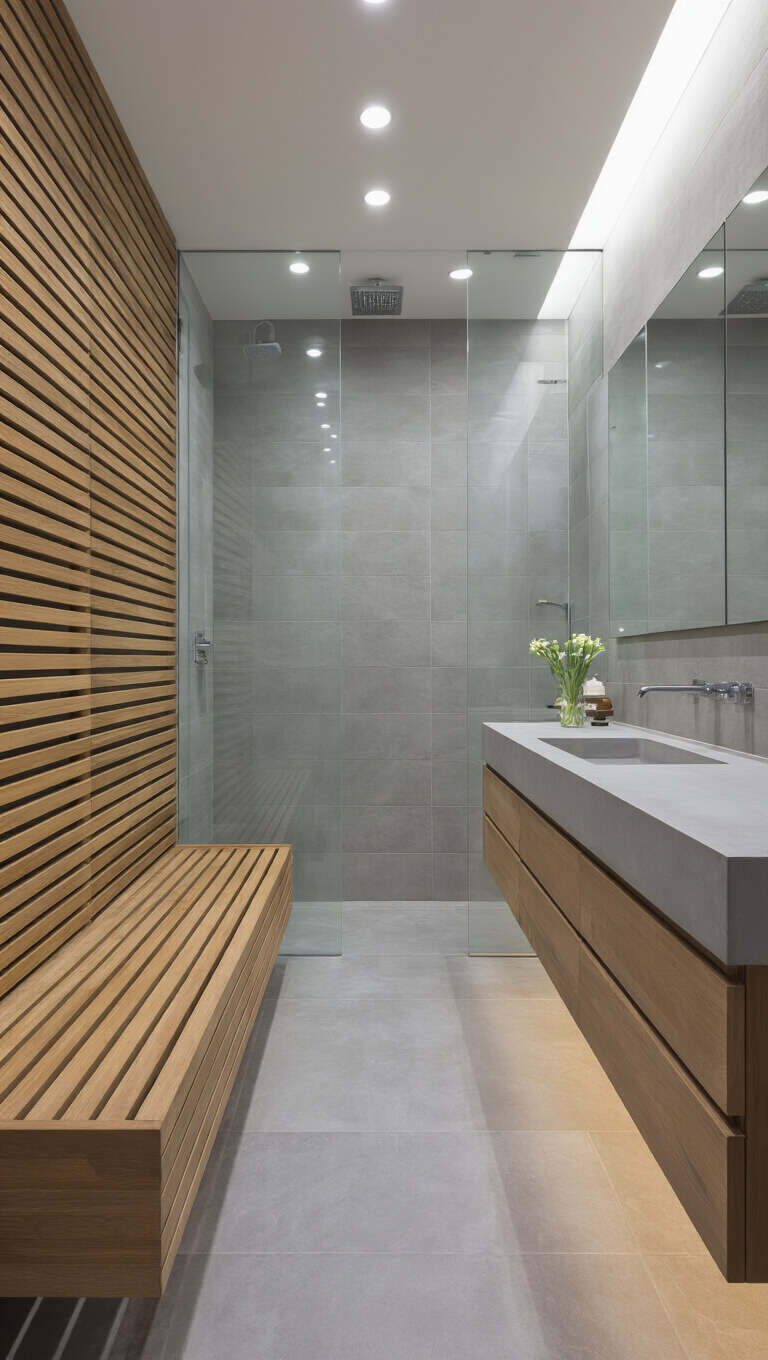 Modern 5x9 ft wet room bathroom with teak bench, floating concrete vanity, gray tiles, and spa-like linear design illuminated by daylight LEDs.