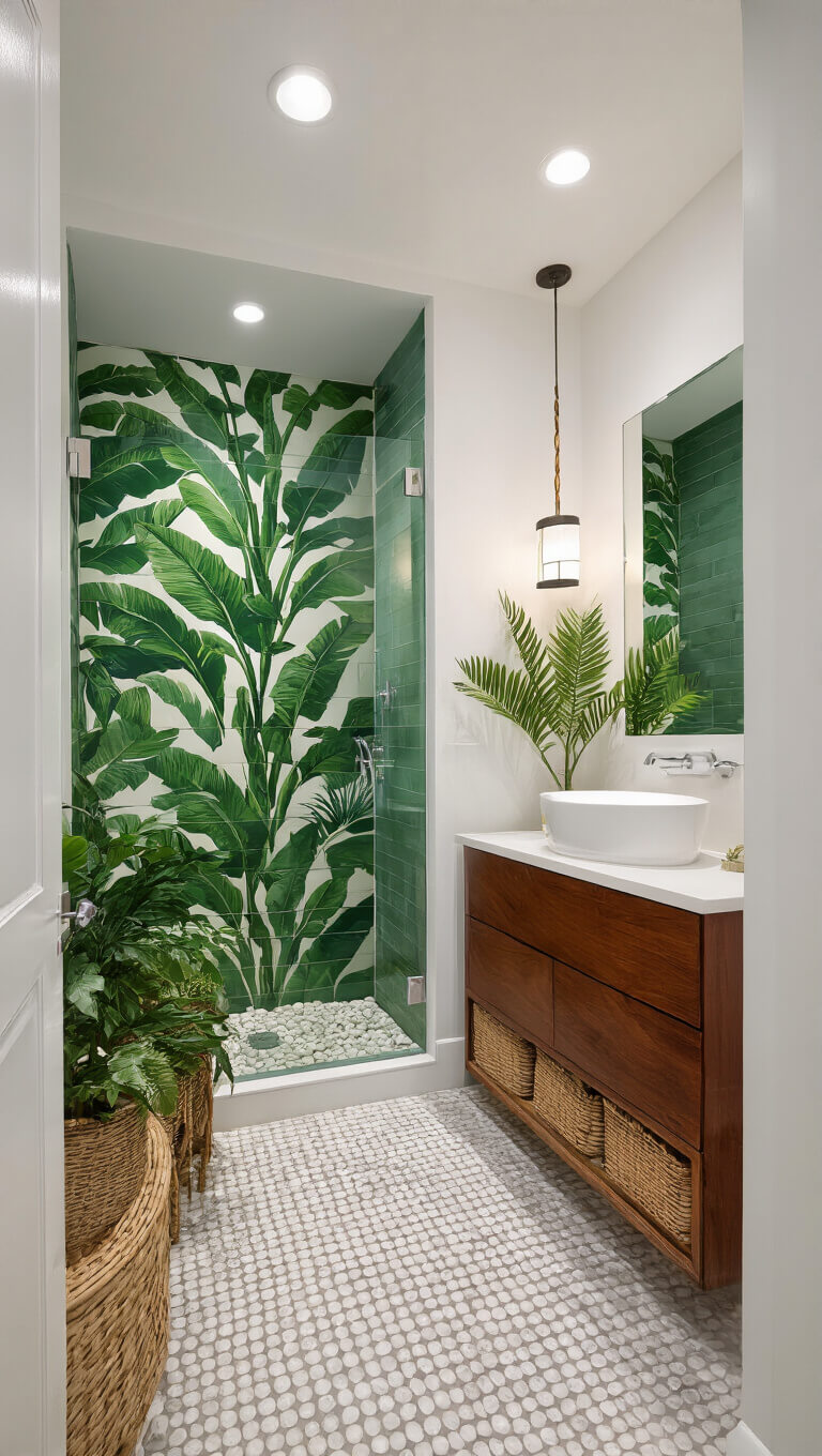 Tropical modernist 6x8 ft bathroom with banana leaf wallpaper, green tiled shower, floating mahogany vanity, and potted palms.