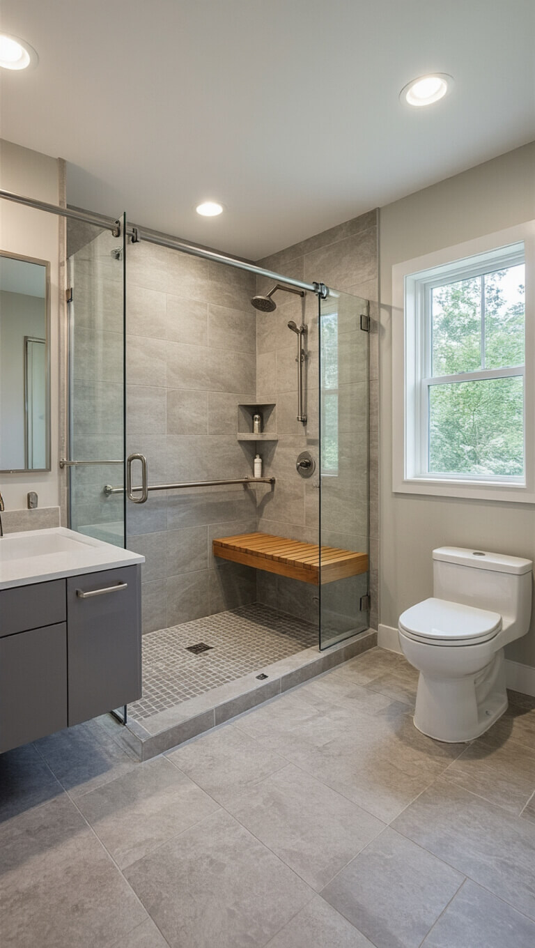 Modern 7x7 accessible bathroom with curbless shower, wall-hung toilet, floating vanity, and brushed nickel grab bars, designed for style and functionality.