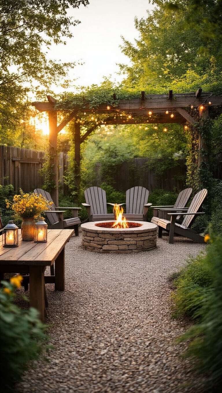 Rustic backyard retreat at golden hour with gravel paths, stone fire pit, Adirondack chairs, pergola with vines, barn wood table with mason jar flowers, and soft string lights in the background.