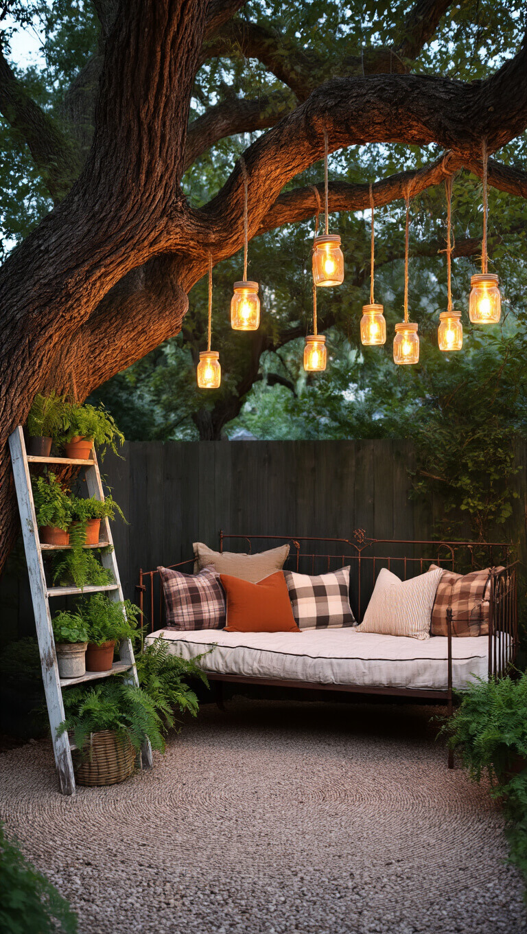 Cozy rustic backyard nook at dusk with vintage iron daybed under an oak tree, lit by hanging mason jar lights and surrounded by plants and warm-toned decor.
