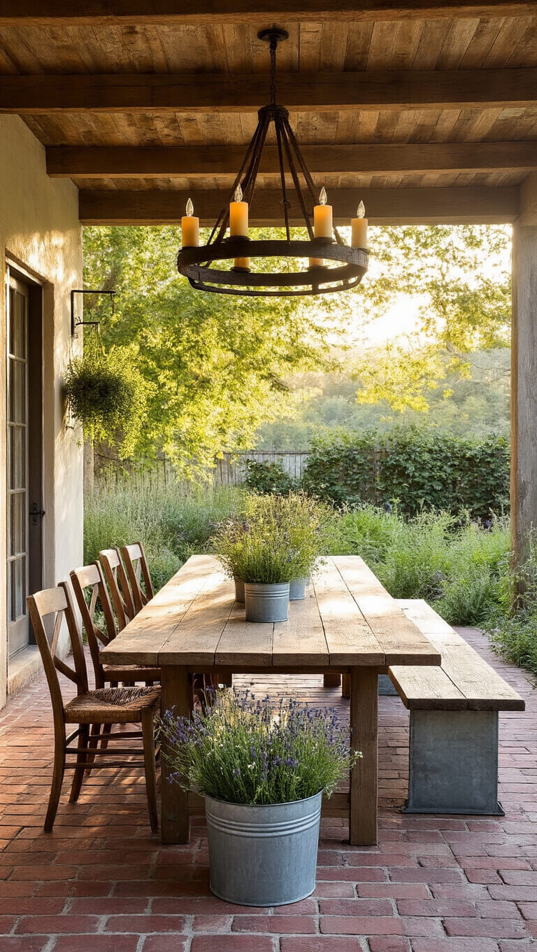 Rustic outdoor dining area with a farmhouse table set on a brick patio, surrounded by mismatched chairs and a metal bench, wildflower centerpieces, and a wagon wheel chandelier, bathed in warm afternoon light.