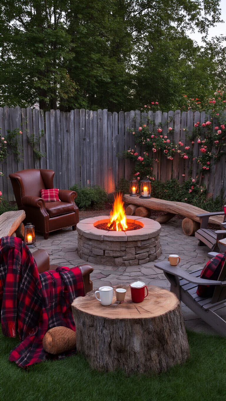 Cozy rustic backyard fireside with stone fire pit, mismatched seating, plaid blankets, lanterns, and steaming cocoa at twilight.