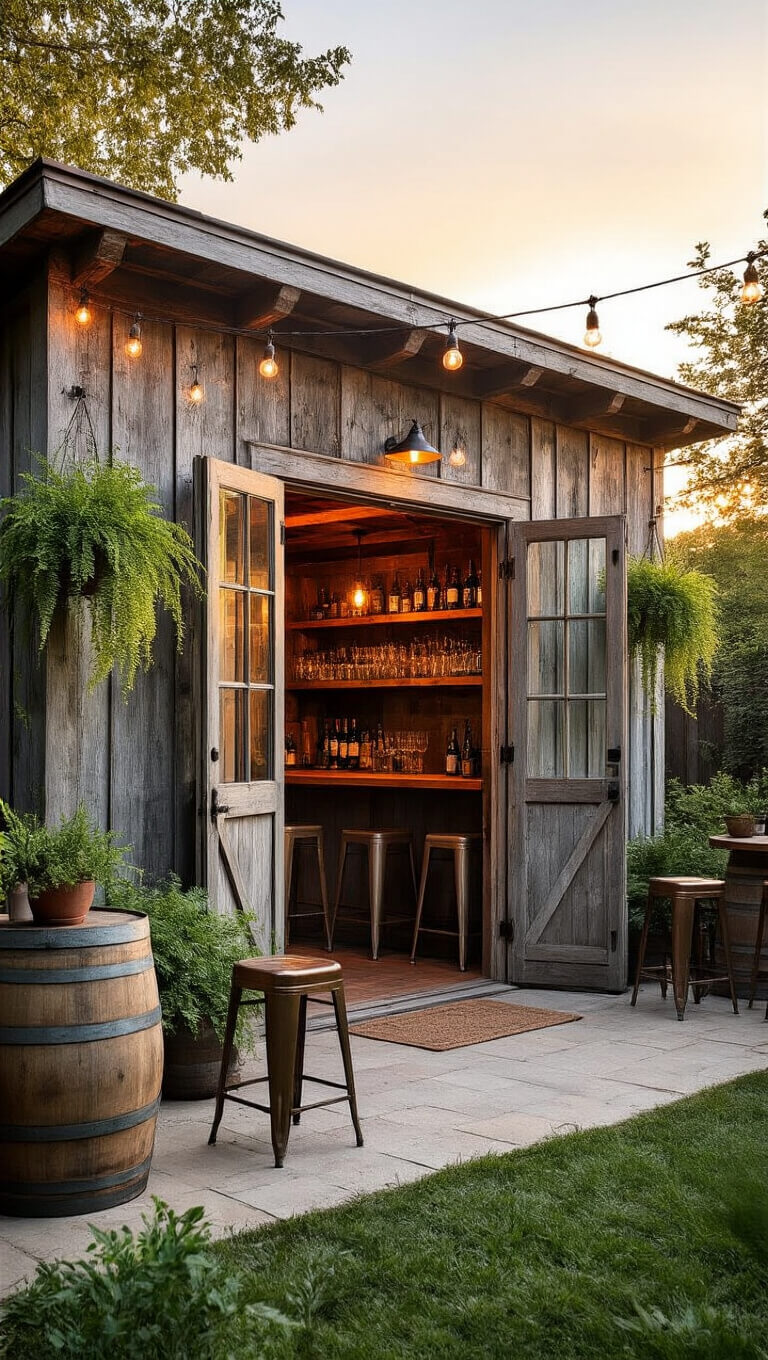 Rustic garden shed converted into a cozy backyard bar at sunset, with open French doors, warm string lights, and a mix of reclaimed wood, metal stools, and lush greenery.