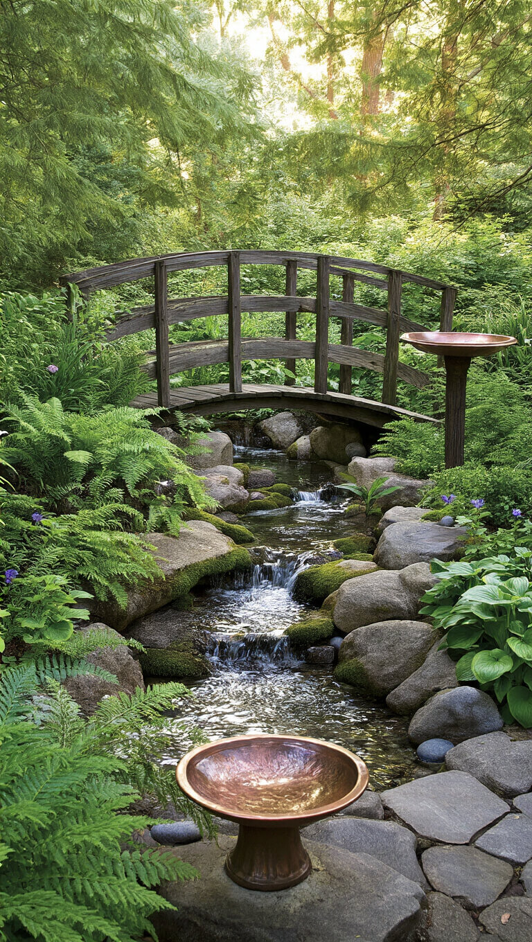 Close-up of a rustic backyard water feature with mossy stone stream, small pond, weathered wooden footbridge, lush greenery, and copper bird bath in soft morning light.