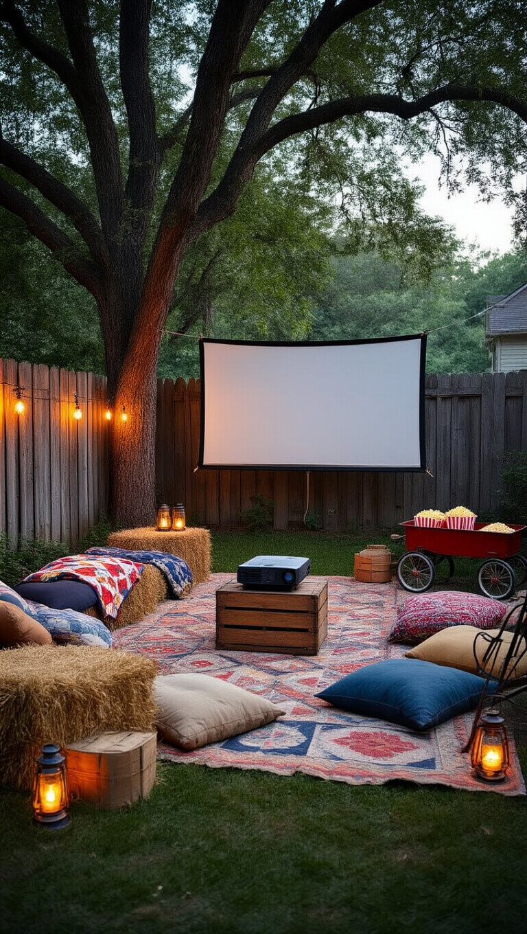 Cozy backyard movie night setup with hay bale seating, quilts, lanterns, and a drop cloth screen hung between trees, viewed wide at twilight.