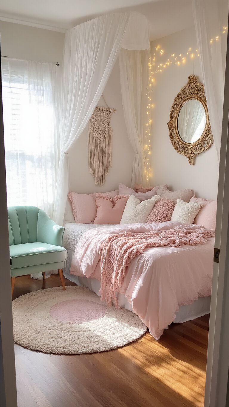 Cozy teenage girl's bedroom with a white canopy bed, blush pink bedding, pastel pillows, mint green accent chair, fairy lights, gold mirror, layered rugs, and soft morning light filtering through sheer curtains.