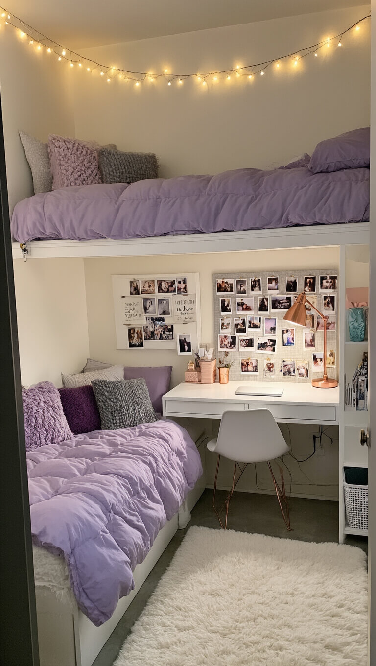 Cozy dorm room with lofted bed and study nook, lit by string lights at dusk, featuring lavender bedding, white rug, and rose gold desk accessories.