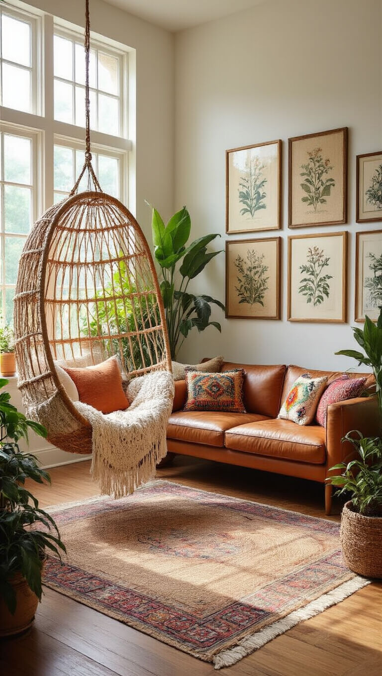 Boho-style sunlit living room with rattan swing chair, cognac leather sofa, vintage botanical gallery wall, layered rugs, and lush indoor plants.