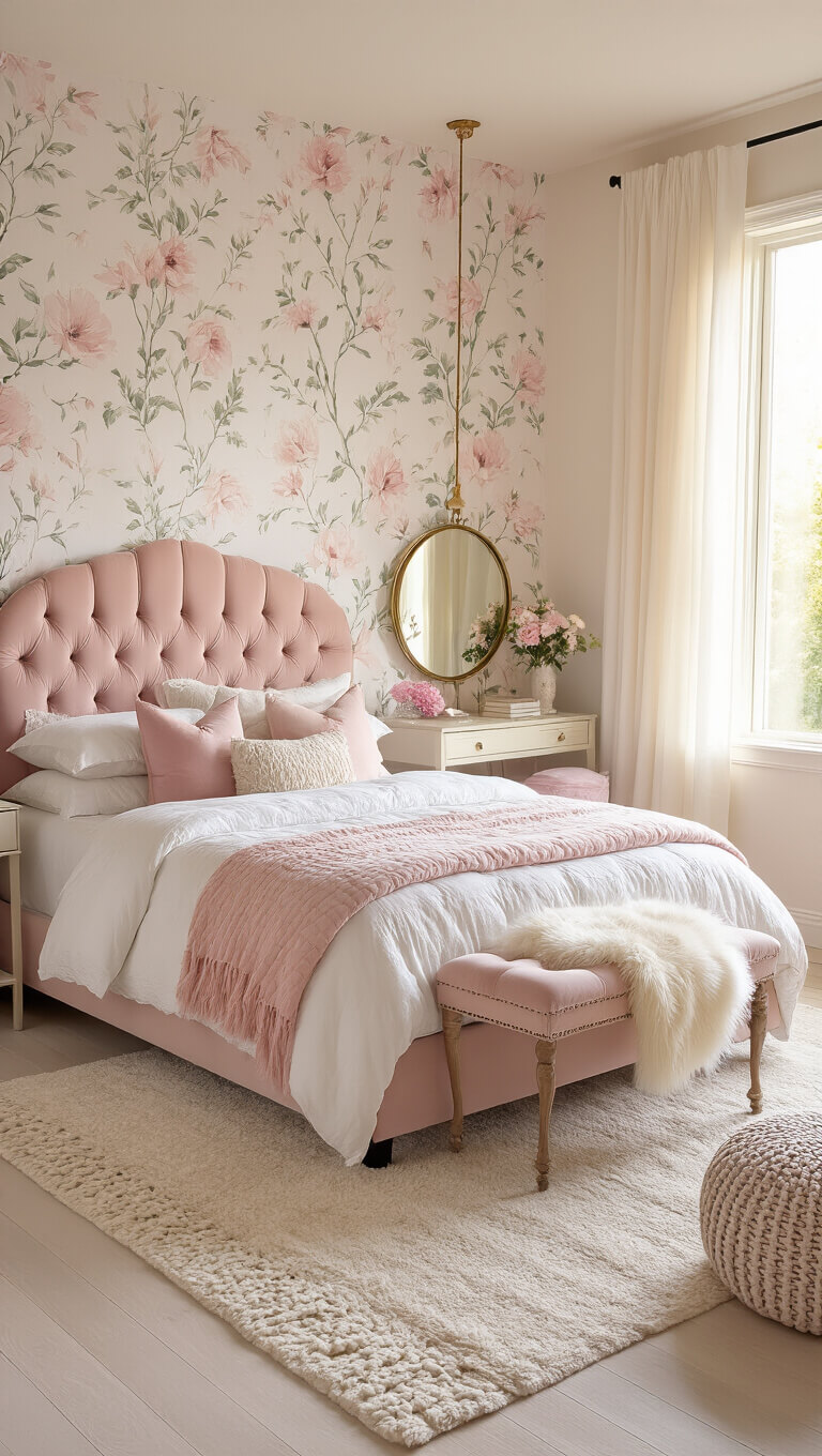Pastel-themed bedroom at golden hour with blush velvet bed, floral wallpaper, vintage vanity, billowing sheer curtains, and layered soft textures in a romantic, hazy light.