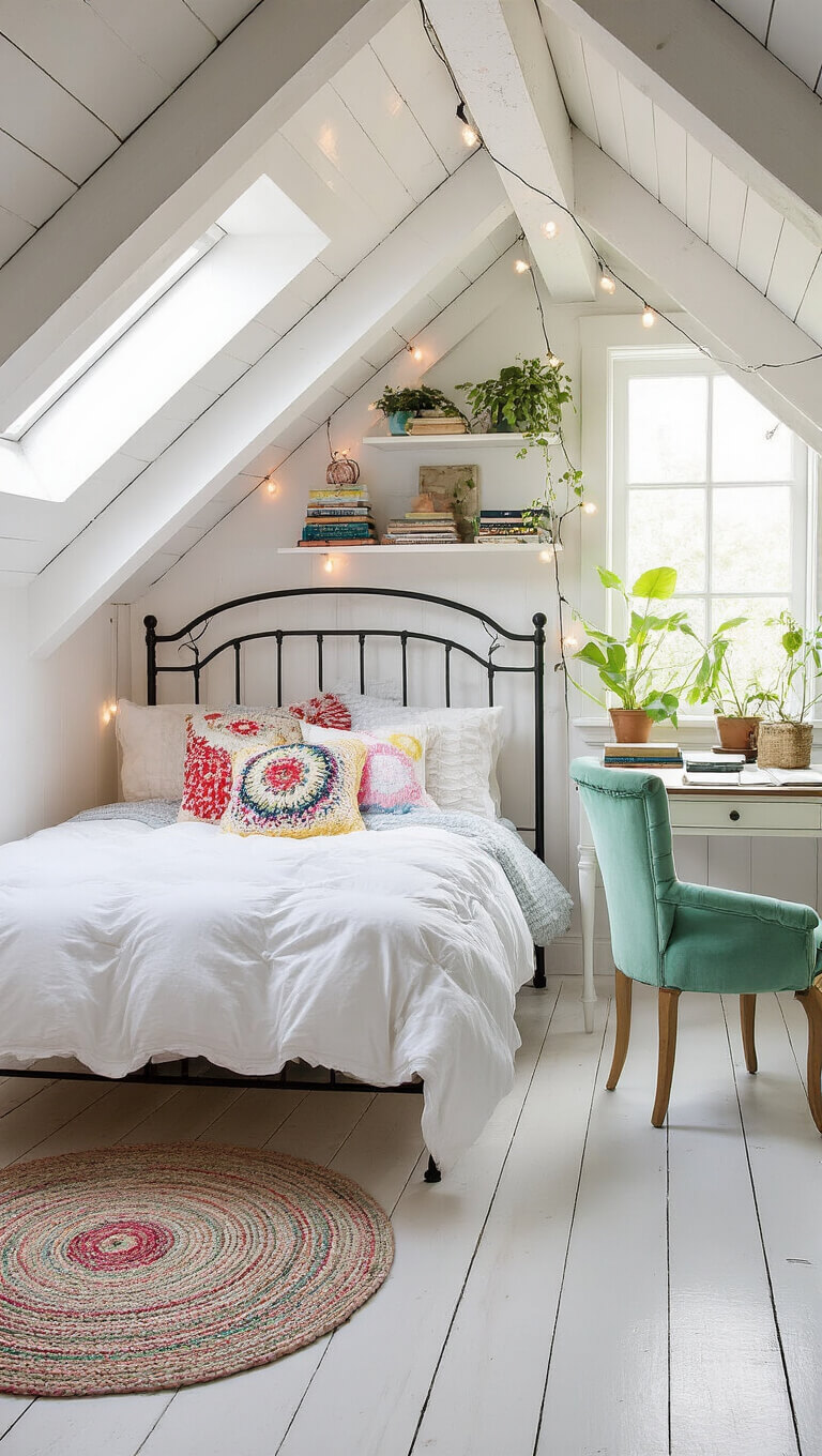 Cozy attic bedroom with slanted ceilings, white duvet on wrought iron bed, colorful pillows, string lights on beams, vintage desk by dormer window, floating shelves with books and plants, pastel braided rug on white floorboards.