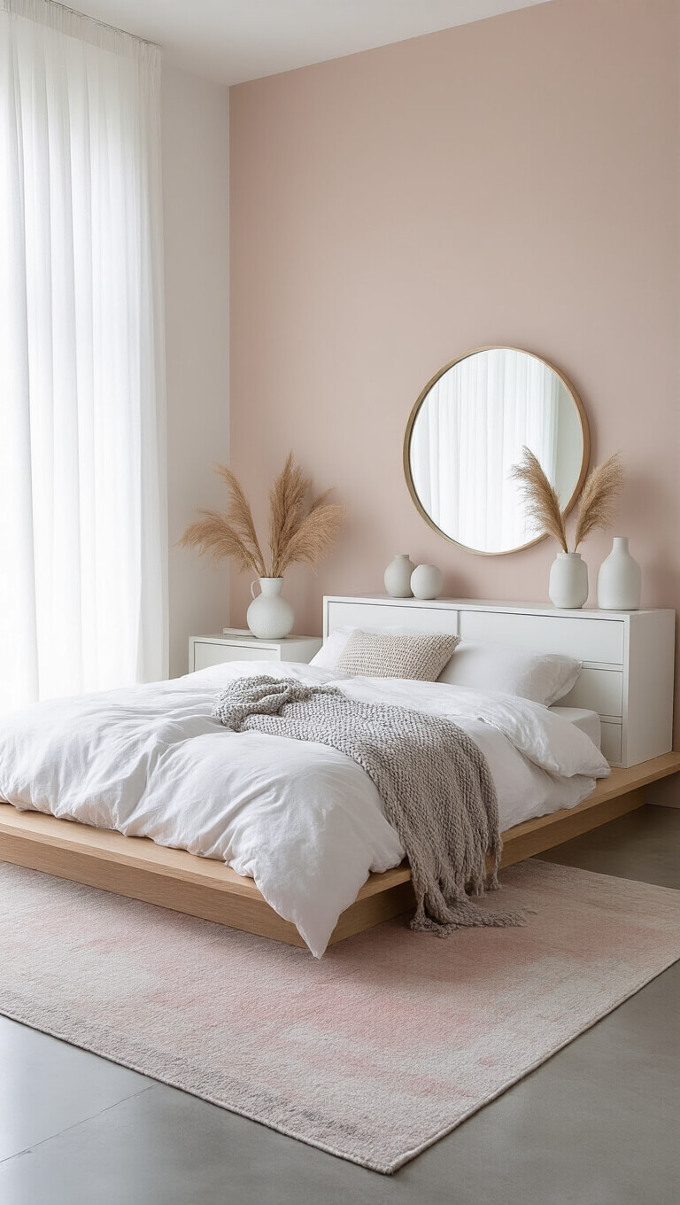 Modern minimalist bedroom with blush accent wall, low oak platform bed, white bedding, pampas grass decor, and soft pastel rug, viewed from high corner in cool morning light.