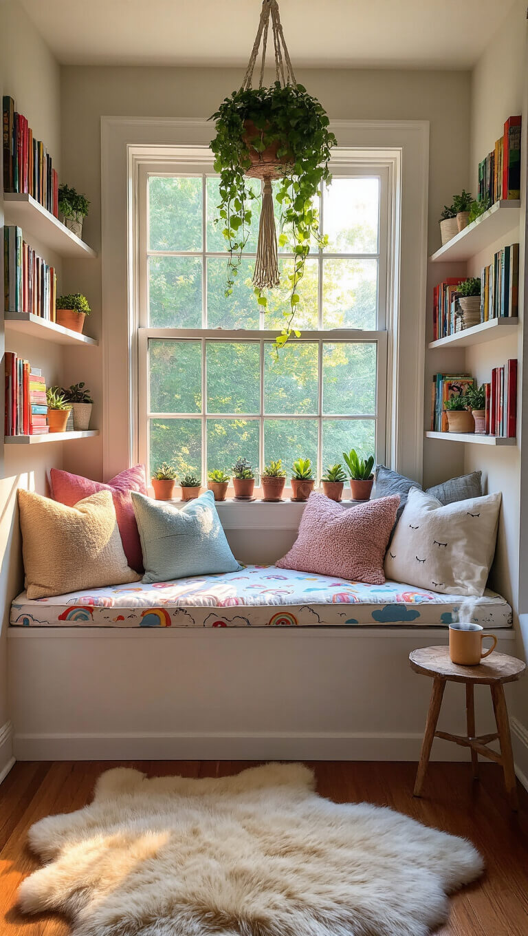 Cozy reading nook with pastel pillows on a built-in bay window seat, colorful books and succulents on floating shelves, trailing ivy in a macramé hanger, cartoon cloud bench cushion, sheepskin rug, and rustic side table with steaming mug in warm evening light.