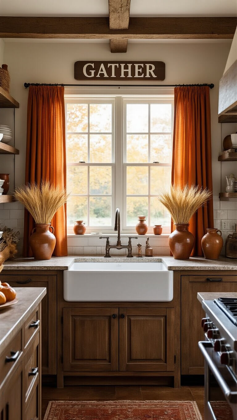 Cozy autumn kitchen with farmhouse sink under window, burnt orange curtains, rustic 'Gather' sign, granite countertops, wheat-filled vases, copper accents, and warm wood tones in soft morning light.