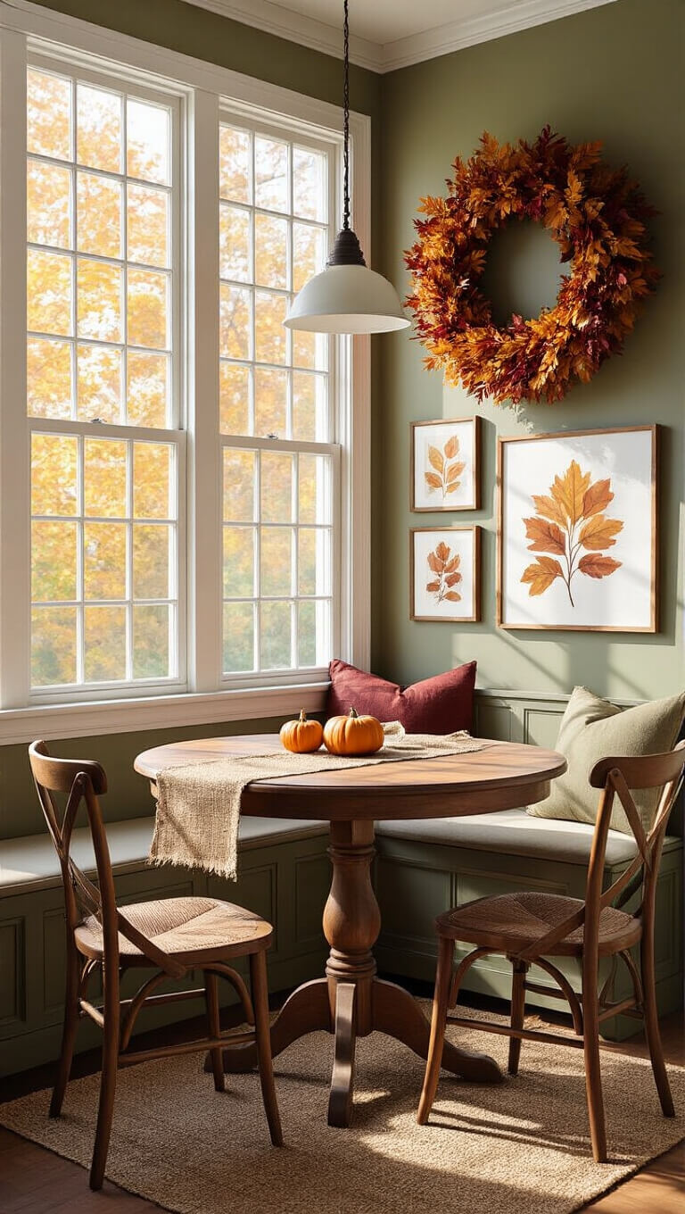 Cozy 8x8ft breakfast nook with round wooden table, mismatched chairs, burlap runner, and pumpkin centerpiece, bathed in late afternoon sunlight through bay windows; autumn wreath and watercolor prints add fall charm.