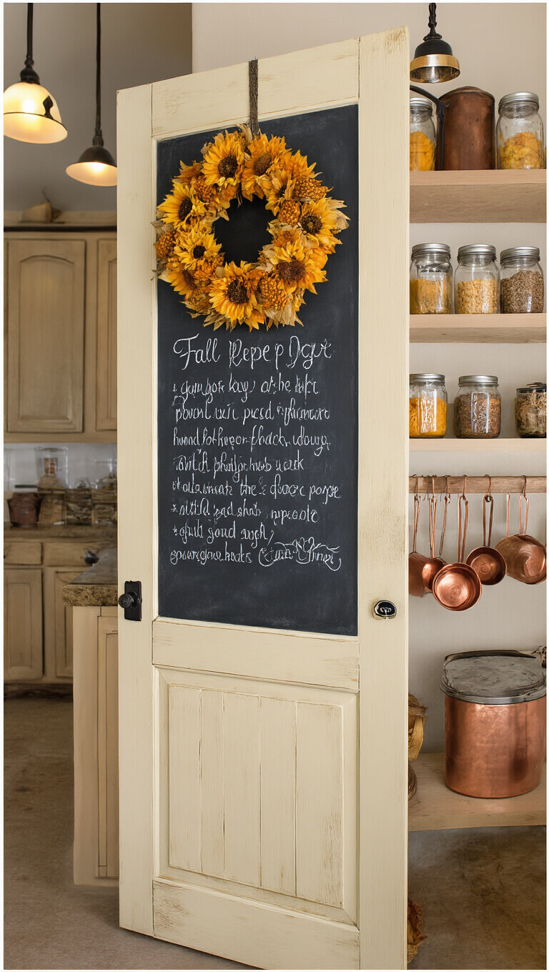 Cream vintage pantry door with chalkboard recipe panel, corn husk and sunflower wreath, surrounded by autumn-themed open shelving and copper kitchenware.