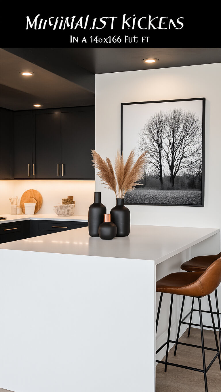 Minimalist fall kitchen with white countertops, matte black cabinets, warm under-cabinet lighting, and autumn-themed decor featuring pampas grass in black and copper vases.