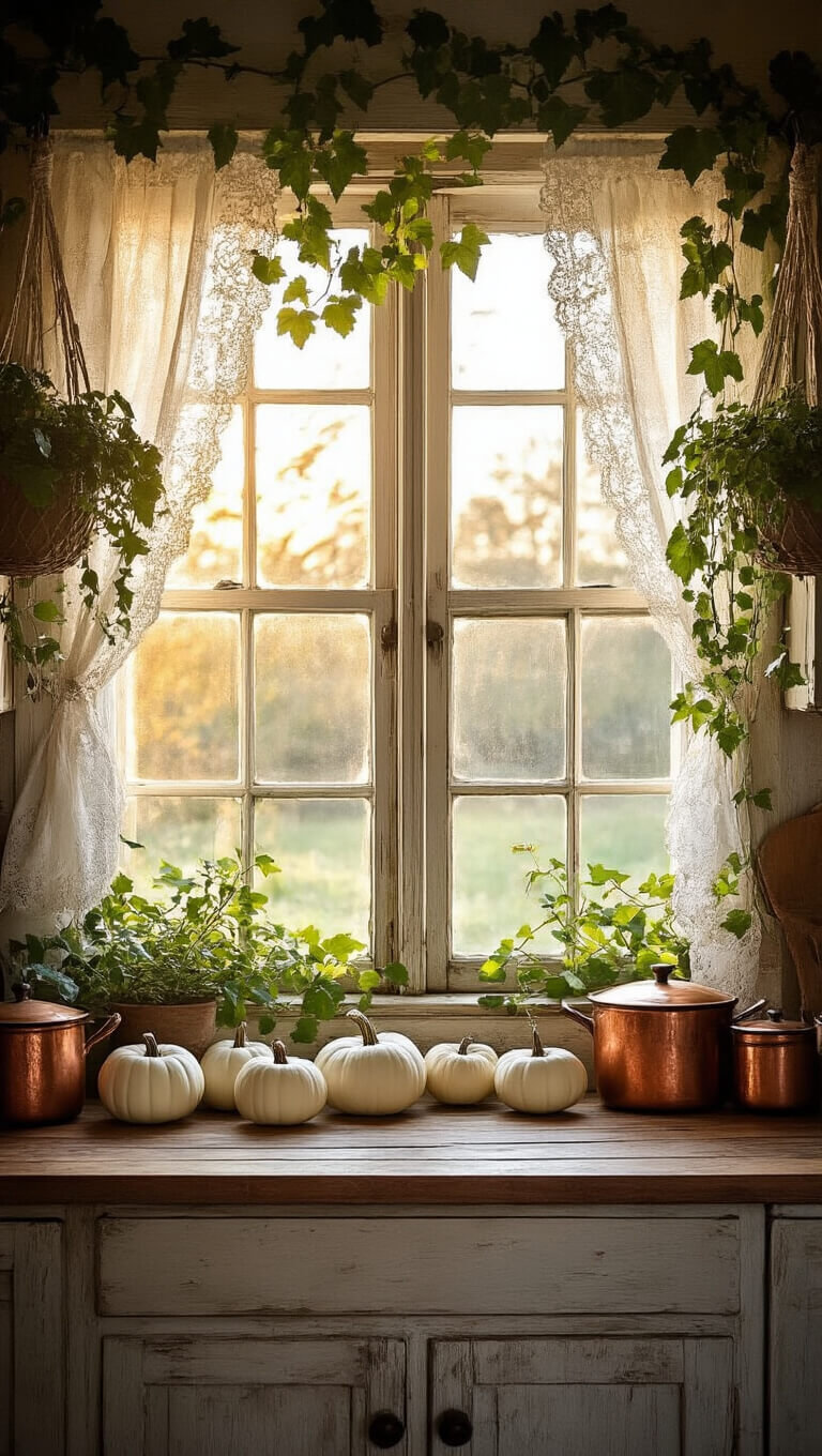 Rustic cottage kitchen window with golden hour light filtering through lace curtains, ivy-draped wooden frame, white pumpkins, vintage copper cookware on the sill, and hanging macramé plants.
