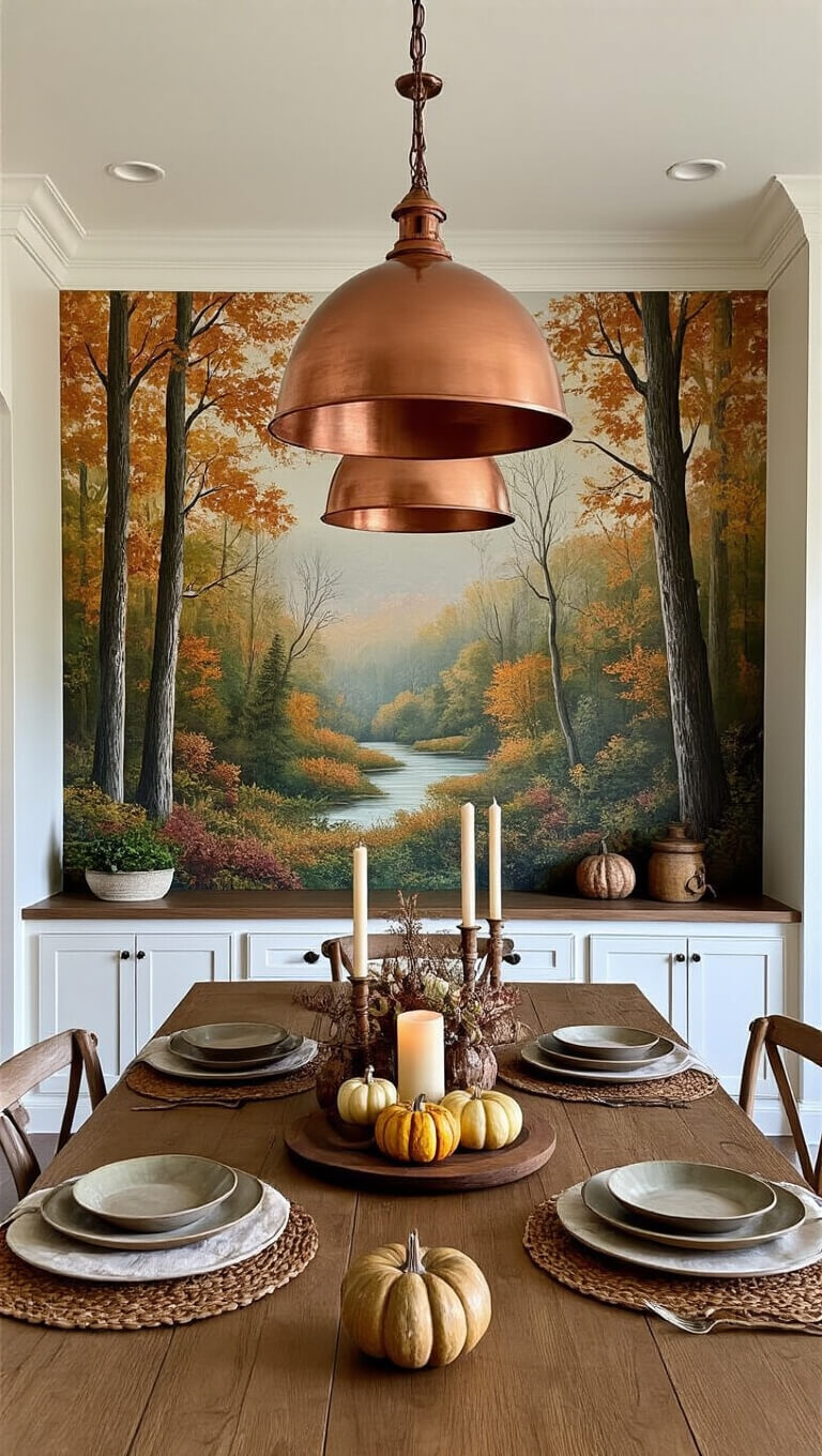 Hand-painted autumn forest mural on kitchen accent wall with farmhouse table, jewel-toned decor, and copper pendant lighting in spacious open-concept room.