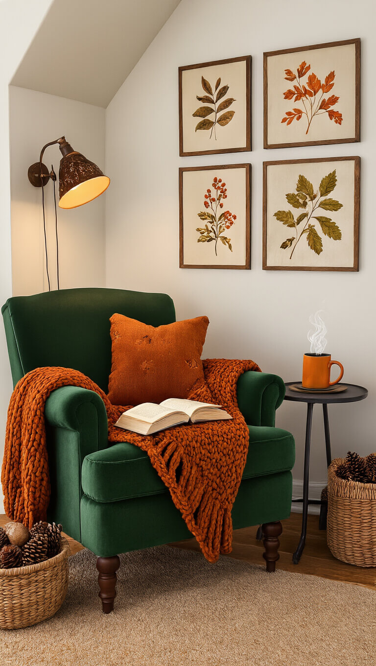 Cozy fall-themed kitchen reading nook with forest green armchair, burnt orange throw, warm lamplight, vintage autumn botanical prints, and seasonal decor in a 6x8ft alcove.