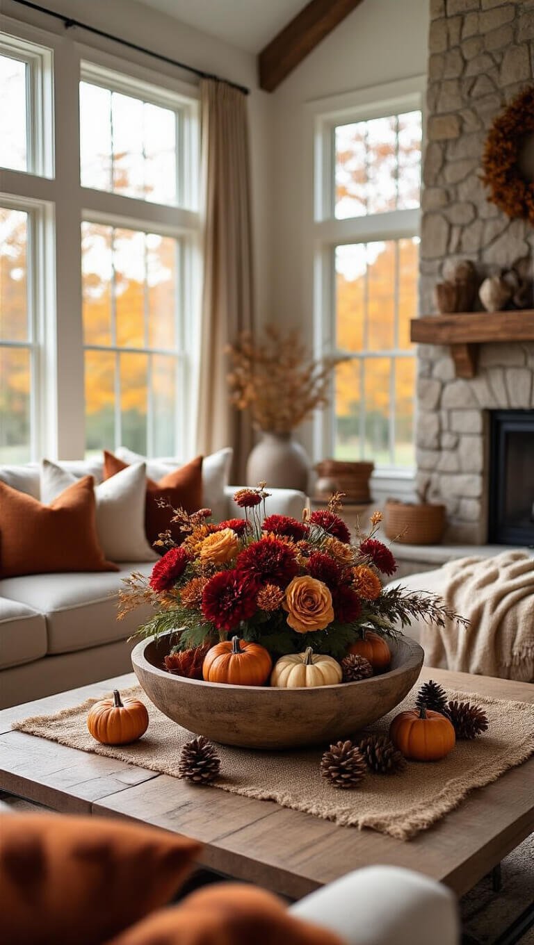 Cozy autumn-themed living room with rustic decor, large windows, stone fireplace, and a floral dough bowl centerpiece on the coffee table.