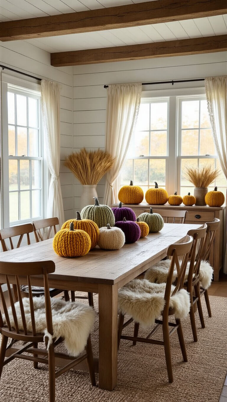 Farmhouse dining room with shiplap walls, exposed beams, and a long wooden table decorated with chunky yarn pumpkins in fall colors, surrounded by mismatched chairs with sheepskins.