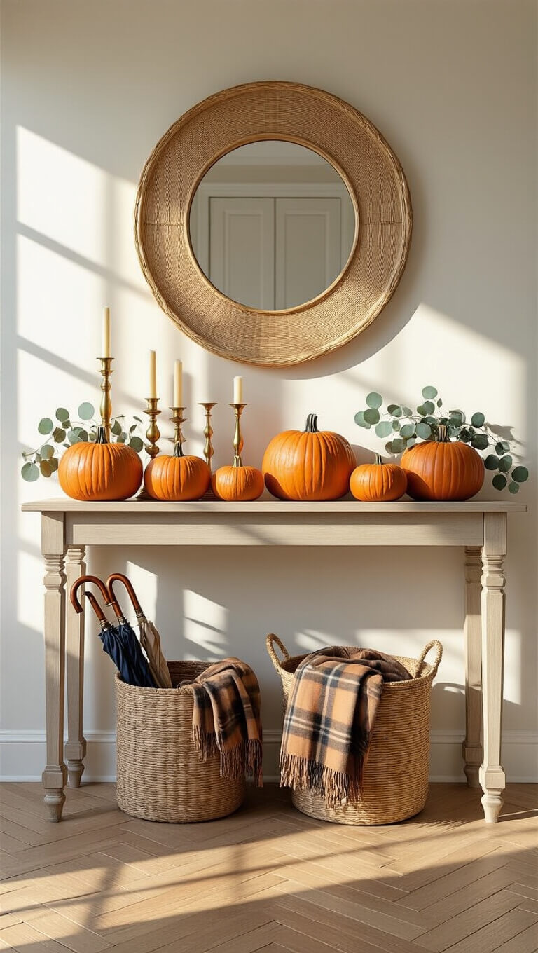 Elegant 8x10 entryway with herringbone hardwood floors, terracotta pumpkins, brass candlesticks, eucalyptus sprigs on a console table, and a round rattan mirror reflecting golden hour light.