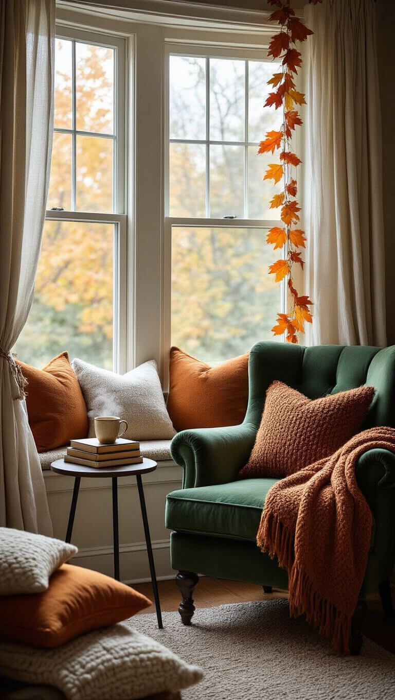 Close-up of a cozy bay window reading nook with a forest green velvet armchair, amber knit throw, textured pillows in autumn hues, and a steaming mug of tea on a side table.