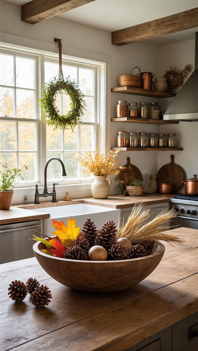 Rustic 10x12 kitchen with open shelving, farmhouse sink, copper cookware, dried herb wreath, and a wooden island bowl filled with colorful leaves, pinecones, and twigs in late morning light.
