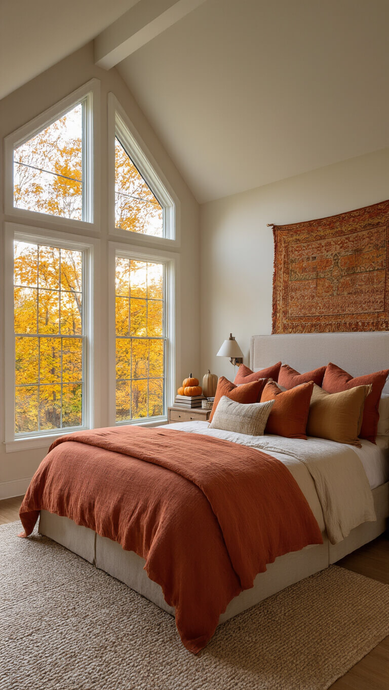 Cozy master bedroom with vaulted ceilings, king-size bed in warm linens, and large window showing autumn trees in evening light.
