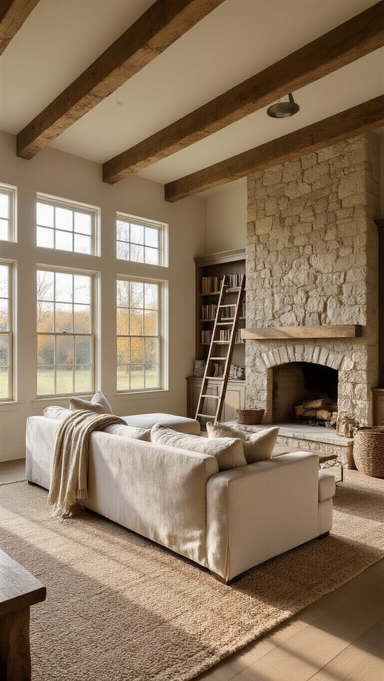 Cozy open-concept barn house living area with vaulted ceiling, exposed wooden beams, linen sofa facing a stone fireplace, and morning light streaming through large windows.