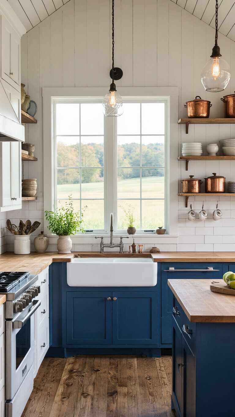 Cozy barn house kitchen with white cabinets, deep blue island, farmhouse sink under sunny window, open shelves with pottery and copperware, and warm pendant lighting over oak floors.