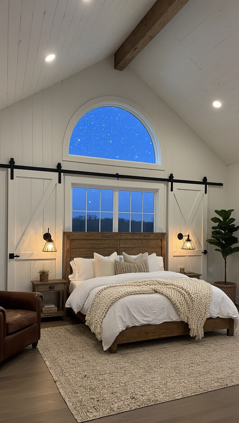 Low-angle view of a cozy barn-style master bedroom with a king-size bed, white linens, arched window showing starry sky, and warm earth-tone decor at twilight.