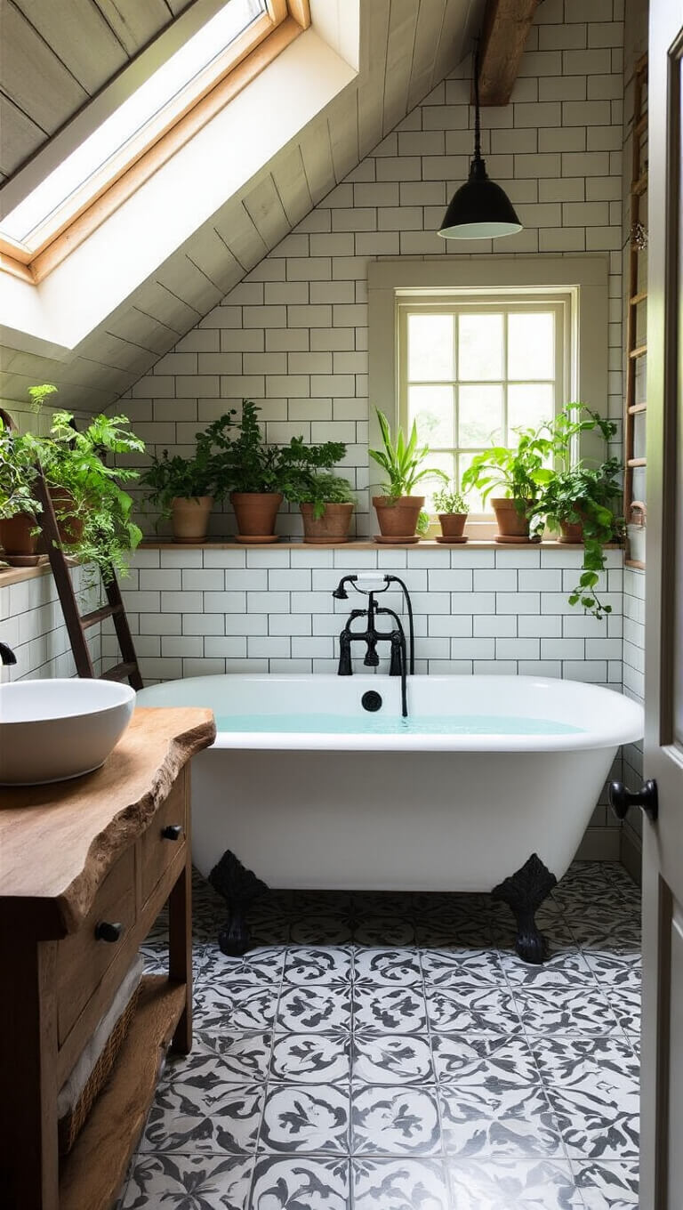 Luxurious small barn house bathroom with clawfoot tub under skylight, surrounded by plants, herringbone subway tiles, live-edge wood vanity, and cement tile floor.