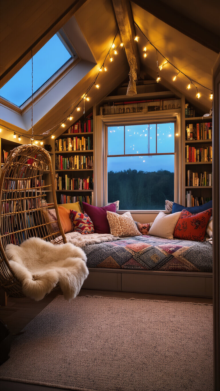 Cozy loft space with string lights, daybed under eaves, colorful bookshelves, hanging rattan chair, and skylight at dusk.