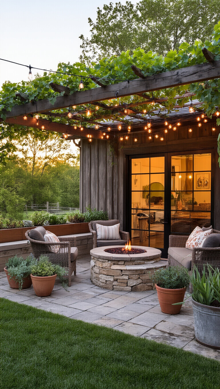 Outdoor living space at golden hour with vintage-modern furniture around stone fire pit, string lights overhead, and barn-style glass door connecting to house.