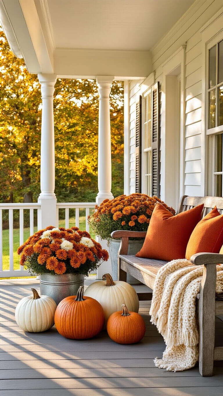 Covered porch with white columns, bench with autumn pillows and knit throw, heirloom pumpkins near entrance, and milk can of rust-colored chrysanthemums in golden afternoon light.