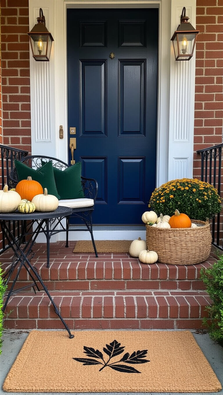 Cozy front stoop with brick steps, navy blue door, green cushioned bistro set, woven basket of white pumpkins, copper lanterns, and autumn leaf doormat in soft morning light.