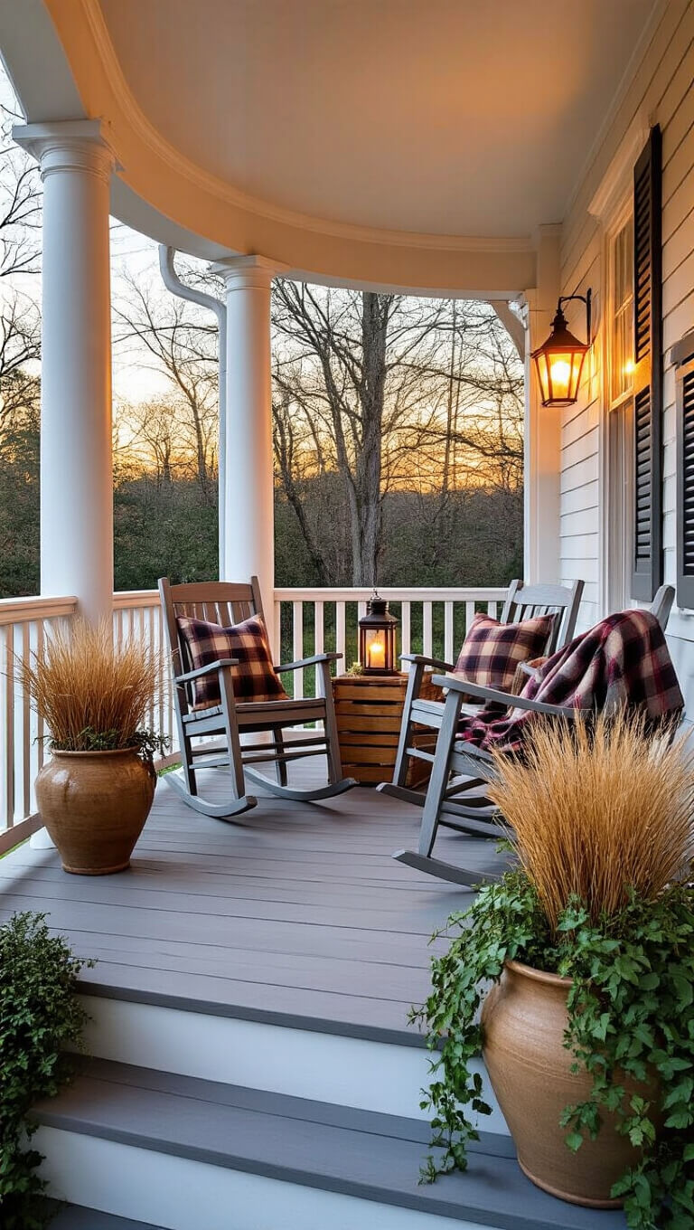 Cozy dusk-lit farmhouse porch with twin rocking chairs, plaid blankets, rustic crate table, vintage lantern, and tall grasses in ceramic urns.