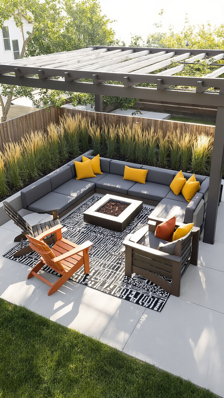 Modern concrete patio with pergola, charcoal sectional, mustard and terracotta pillows, fire pit, Adirondack chairs, and geometric rug viewed from above.