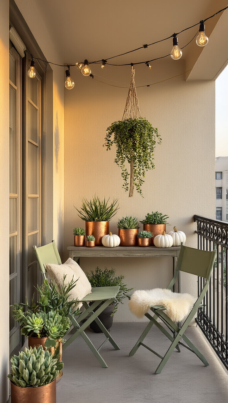 A cozy 6x8ft apartment balcony at golden hour with sage green chairs, succulents in copper pots, white ceramic pumpkins on a console table, unlit Edison bulb string lights, and a hanging macramé planter.