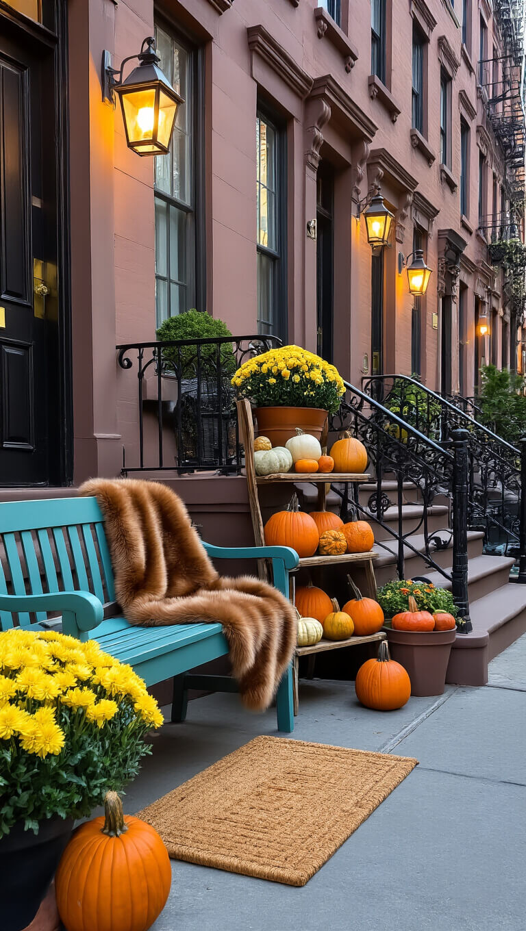 City brownstone stoop at dusk with wrought iron railings, teal bench with cognac faux fur, ladder shelf of pumpkins and mums, rattan doormat, and brass door kick plate.