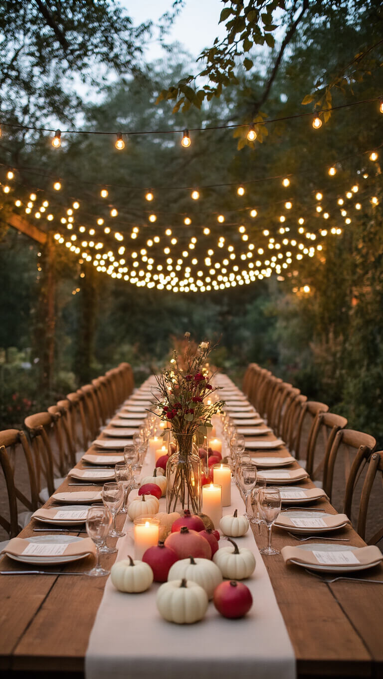 Cozy outdoor garden wedding reception at dusk with string lights overhead, long wooden tables with ivory runners, white pumpkins, pomegranates, vintage chairs, and candlelit centerpieces in warm autumn colors.
