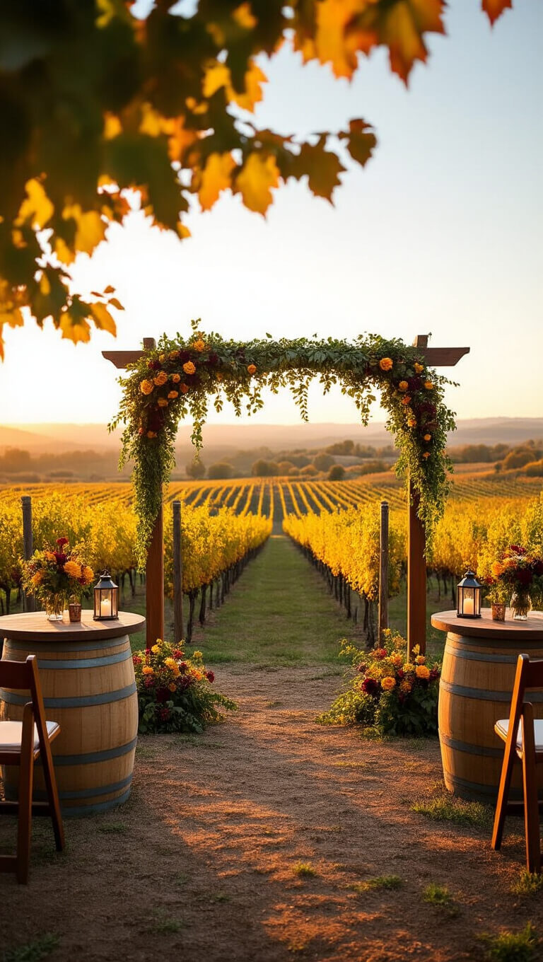 Sunset vineyard wedding setup with wooden arch, autumn-colored grapevines, floral accents in burgundy and mustard, and barrel cocktail tables with lanterns.
